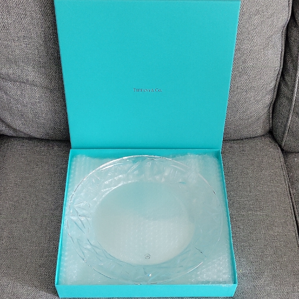 Tiffany & Co Vintage 12in Crystal Platter Rock Cut Pattern in Signature Blue Box